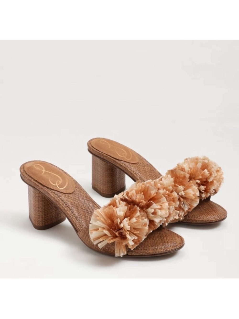 Sam Edelman Olia Raffia Pom Pom Mule Sandals Brown Women’s Size 7.5M Block Heel
